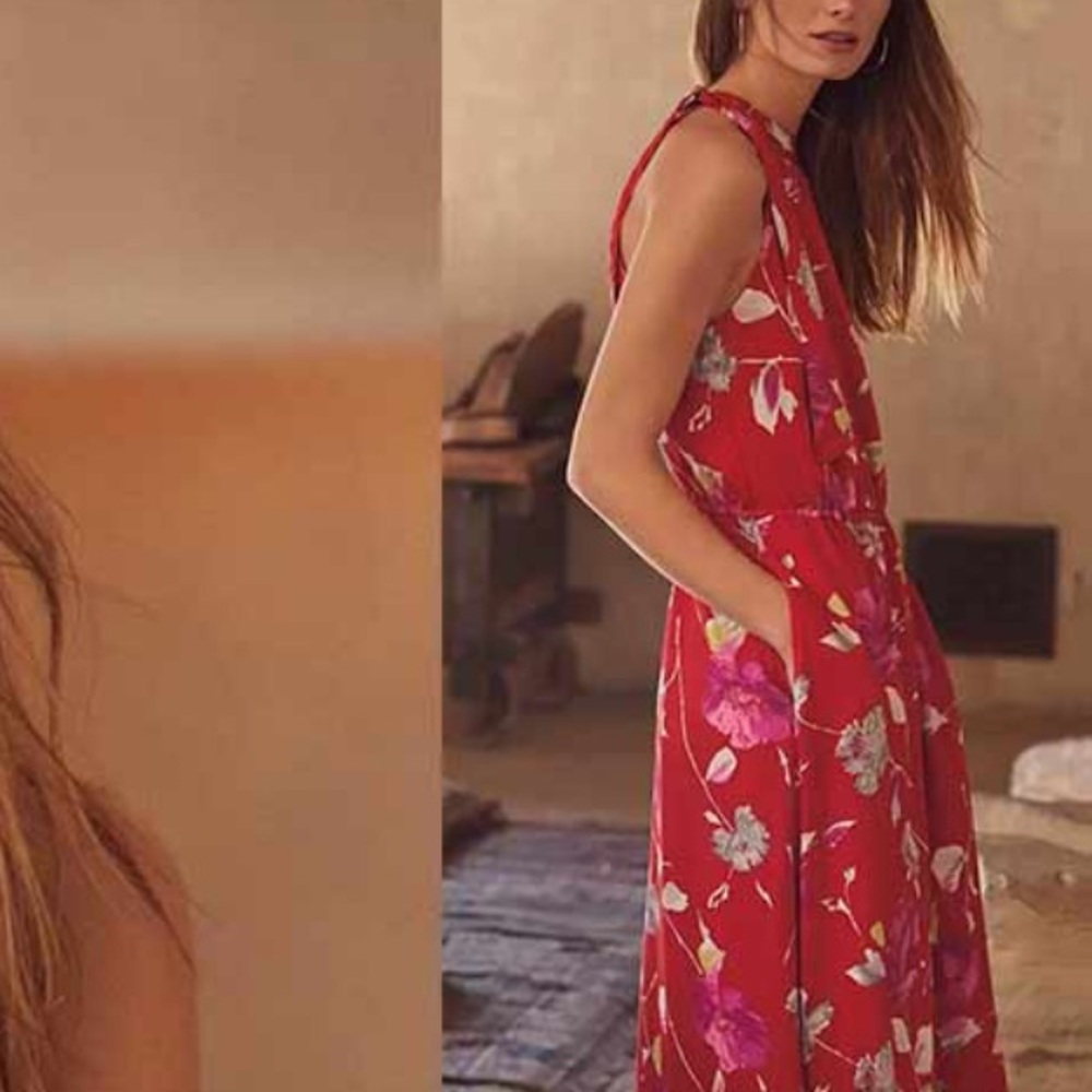 Banana Republic Red and White Floral Dress XS EUC Maxi Lined Pockets - Picture 3 of 13